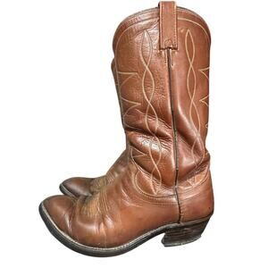 VTG Dan Post Boots Mens Brown Leather Western Pull On 8.5 D Made USA Distressed